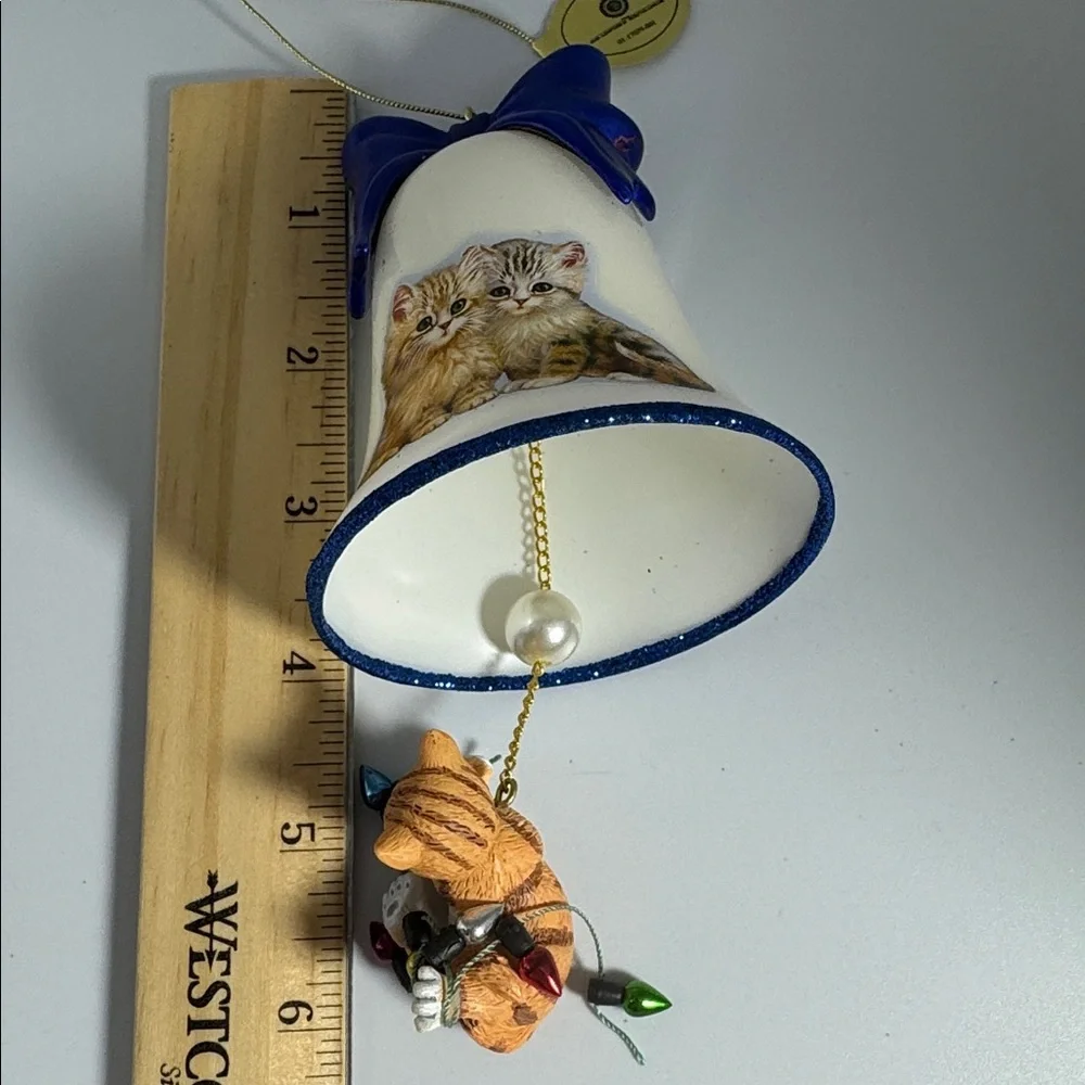 Bradford Exchange Cat Bell Christmas Ornament with Blue Bow
